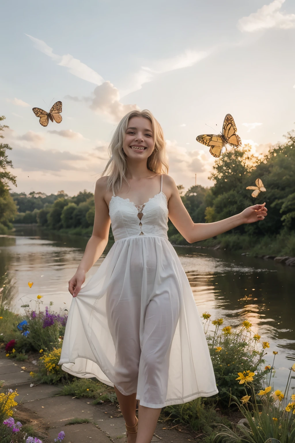 a little girl with white hair and white long dress lost in too many colorful flowers smiling and there are also too many colorful butterflies flying around her under golden sky there is also a river and a green tree