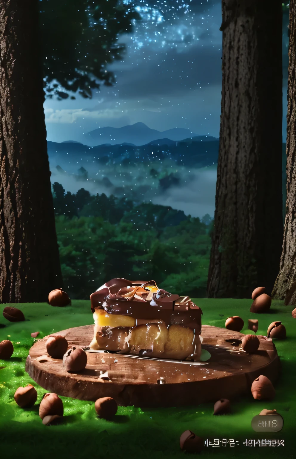 chestnut cake,on chocolate grass,Surrounded by tall trees,There are rolling mountains and blue sky and white clouds in the distance,8K,high-definition picture quality,Cinematic light and shadow