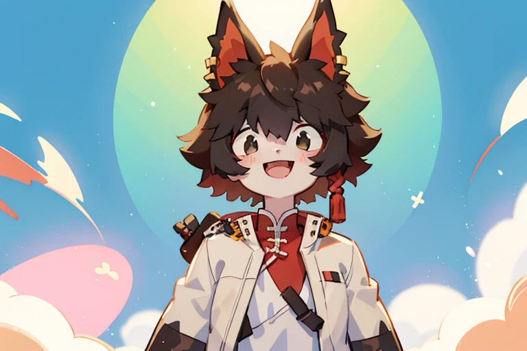 depth of fields, Perfect Lighting, Lightest particle quality),(masutepiece),(ultra-detailliert),Sharp Focus,light Particle, rainbows, eyesgod, blush, brown_Eyes, up looking_で_viewer, Smile, Solo, Furry, animal_ear_fluff, arms behind back, Upper body, tail, Sunlight, Open mouth, From below, arms behind back,