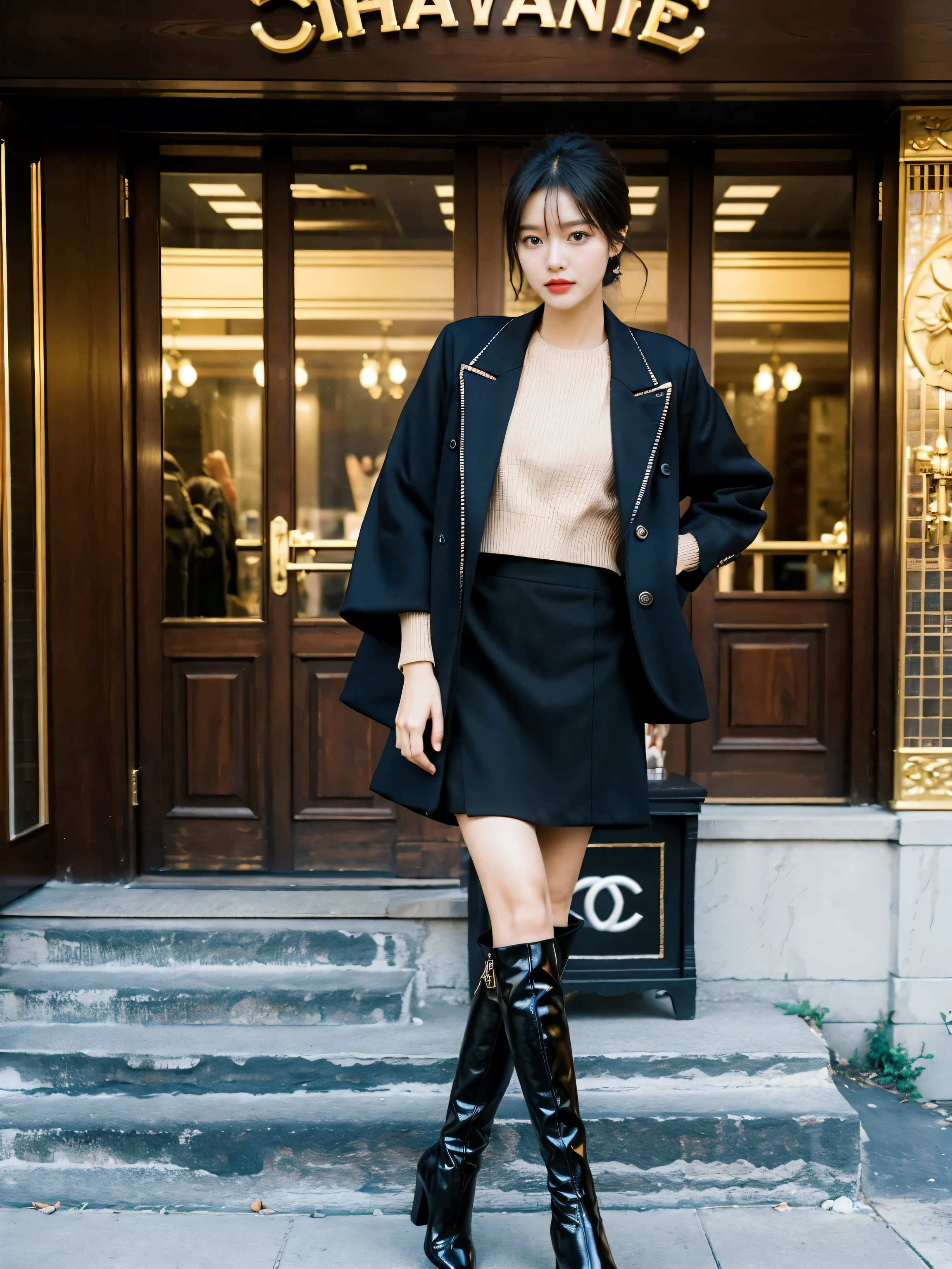 Best quality at best,tmasterpiece,超高分辨率,(actual:1.4),RAW photogr,hyper HD，8K，There is one girl，Stylish clothes,Chanel style，Stylish skinny suit, wearing jacket and skirt,high-class fashion，ellegance, short skirt and a long jacket, tigh-high boots，Over-the-knee boots，Casual pose，legs long