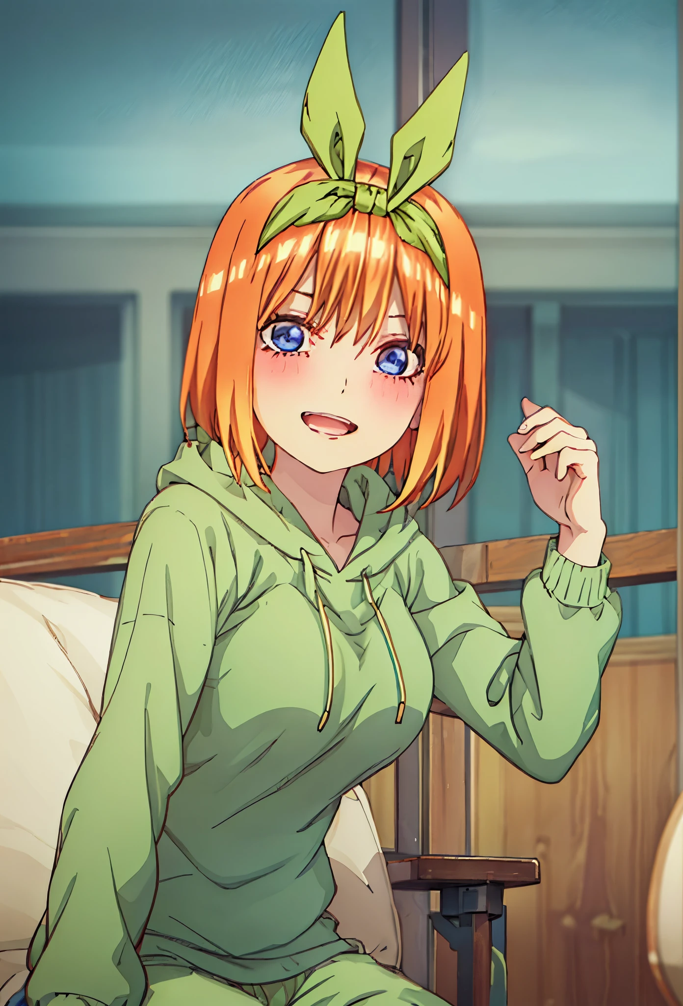 (masutepiece), A sexy、Natural light, Photorealistic, Cameltoe, diffuse glow, depth of fields, big eye、profetional lighting、headband is green、Blue eyes、A smile、Hair is orange、hairstyle is short bob、Green hoodie、Nakano Yotsuba、