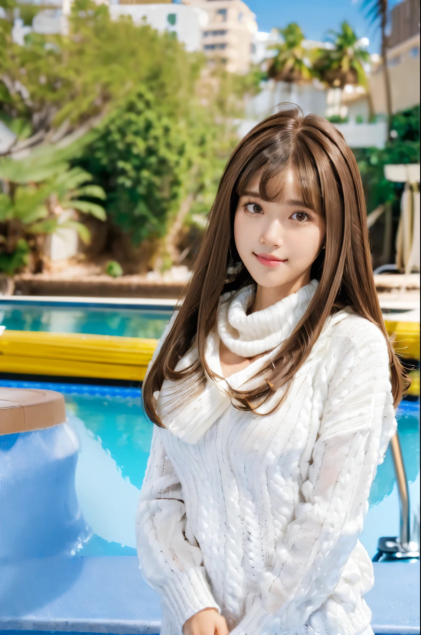 pureerosface_v1, best quality, photorealistic, 8k, high res, 1girl, woman, (skindentation), (portrait:0.6), gorgeous, dynamicpose, ((poolsidebackground:1.6)), coconut tree, ((mediumsize roundbreast, white highnecksweater:1.4)), straight-looking at viewer:1.8, (1girl eyes looking at viewer, medium-length hair, brownhair, partedbangs:1.65), (bokeh), smile:1.2, (closed mouth:1.16),