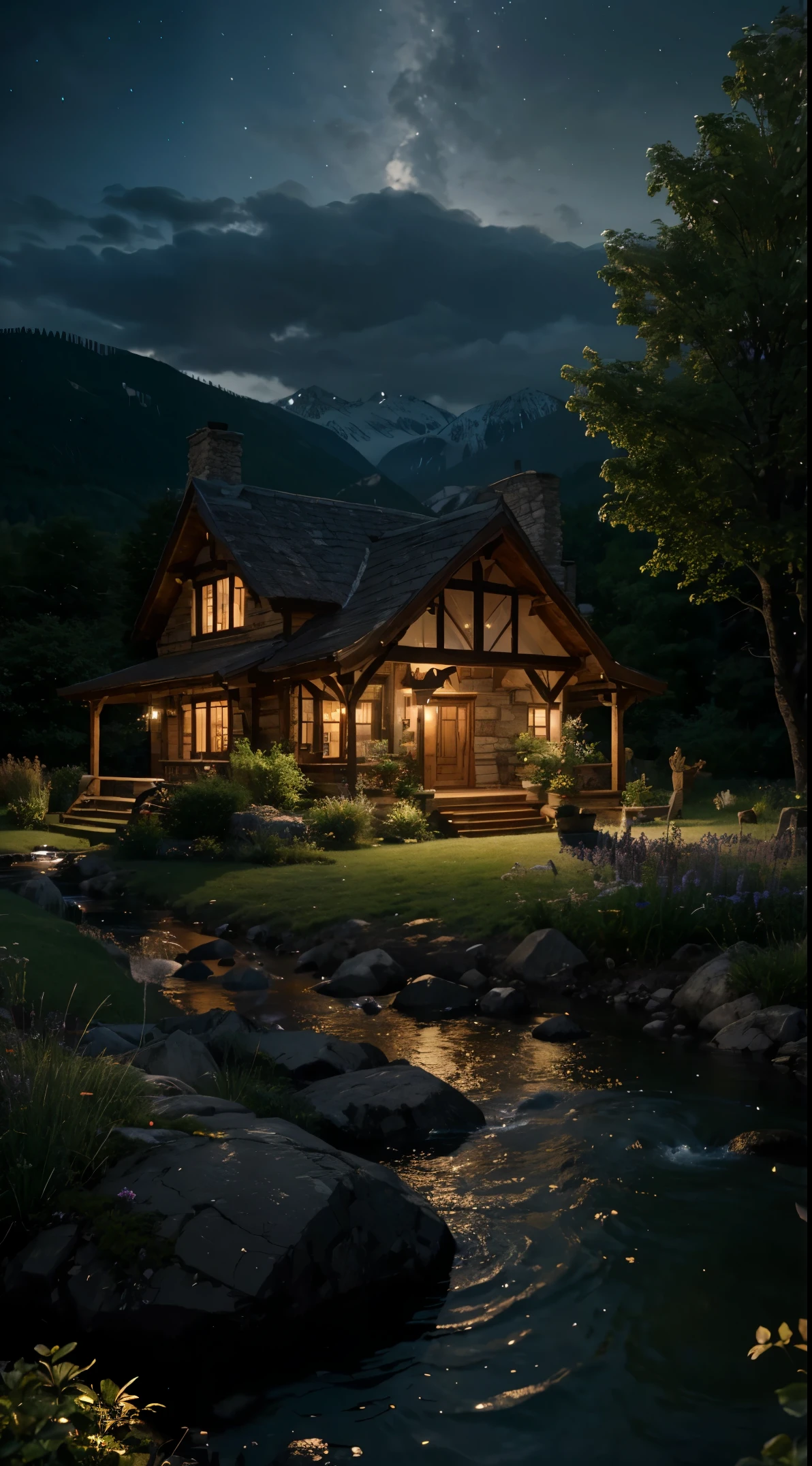 Best quality,16K Ultra Clear,the night,scenecy,Between mountains and rivers,Rural cottage,fancifuzing plant growth,extremy detailed,realistic raytraicing,Epic composition,(Complicated details),(Complex design,Hyper-detailing:1.2),art stations, (tmasterpiece,best qualtiy),hyper HD,32K --v 6