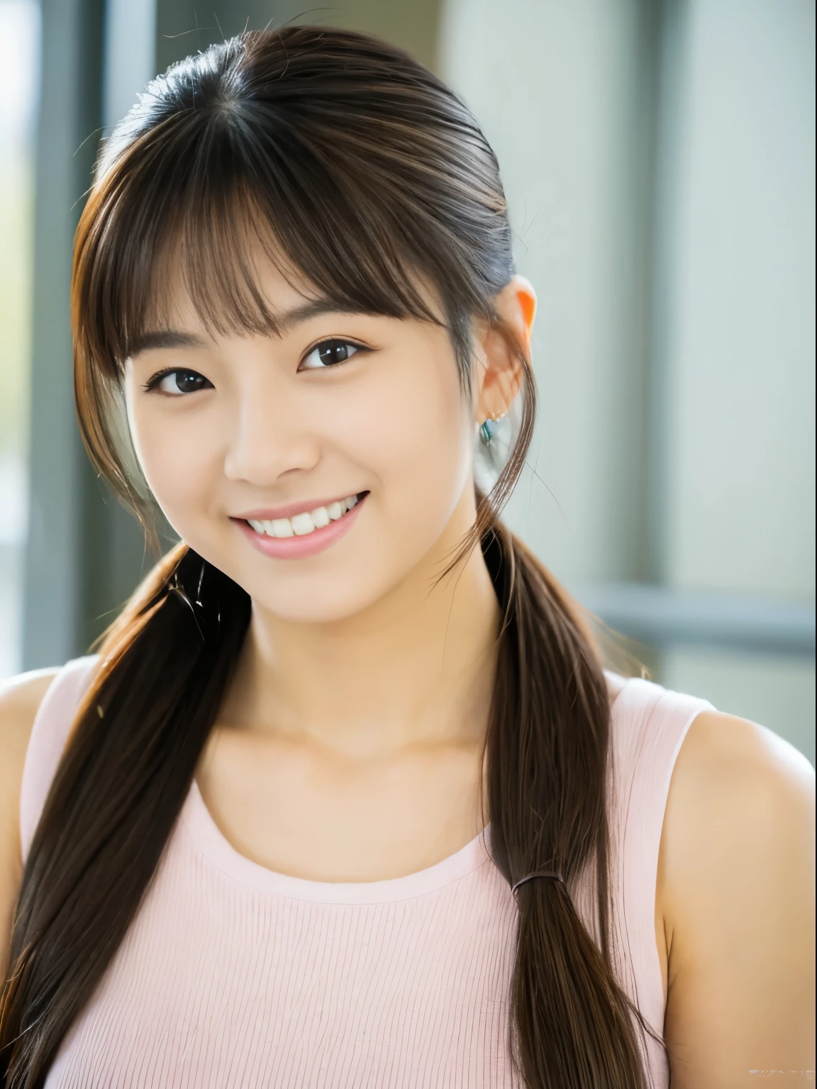 Sleeveless, Ponytail, Japan girls, 8K, Photo of the law, of the highest quality, masutepiece, Realistic, Photorealistic super detail, One girl, Cute, Best Smile, Beautiful eyes, Long hair, Perfect facial features,