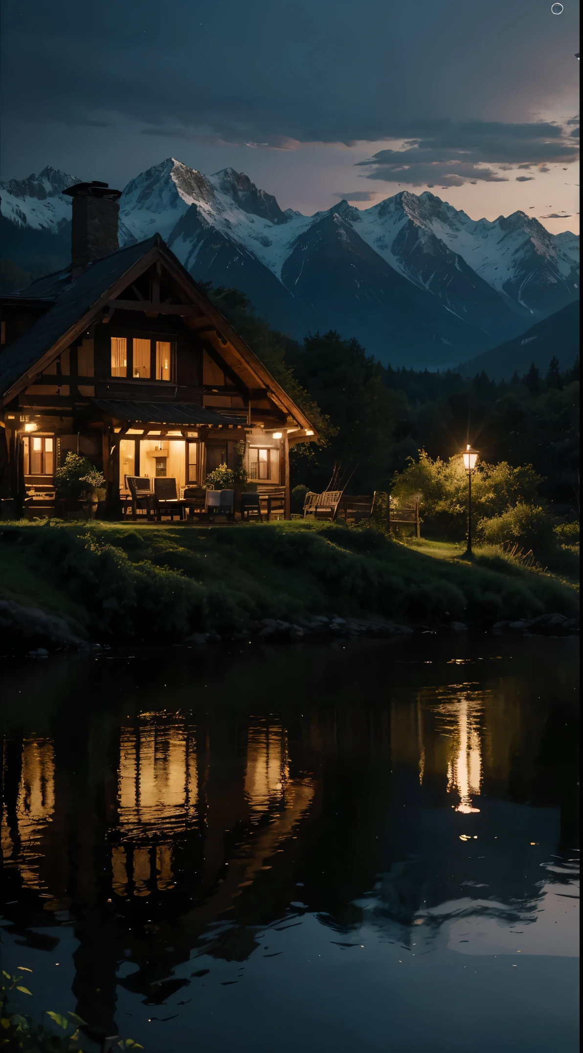 Best quality,16K Ultra Clear,the night,scenecy,Between mountains and rivers,Rural cottage,fancifuzing plant growth,extremy detailed,realistic raytraicing,Epic composition,(Complicated details),(Complex design,Hyper-detailing:1.2),art stations, (tmasterpiece,best qualtiy),hyper HD,32K --v 6