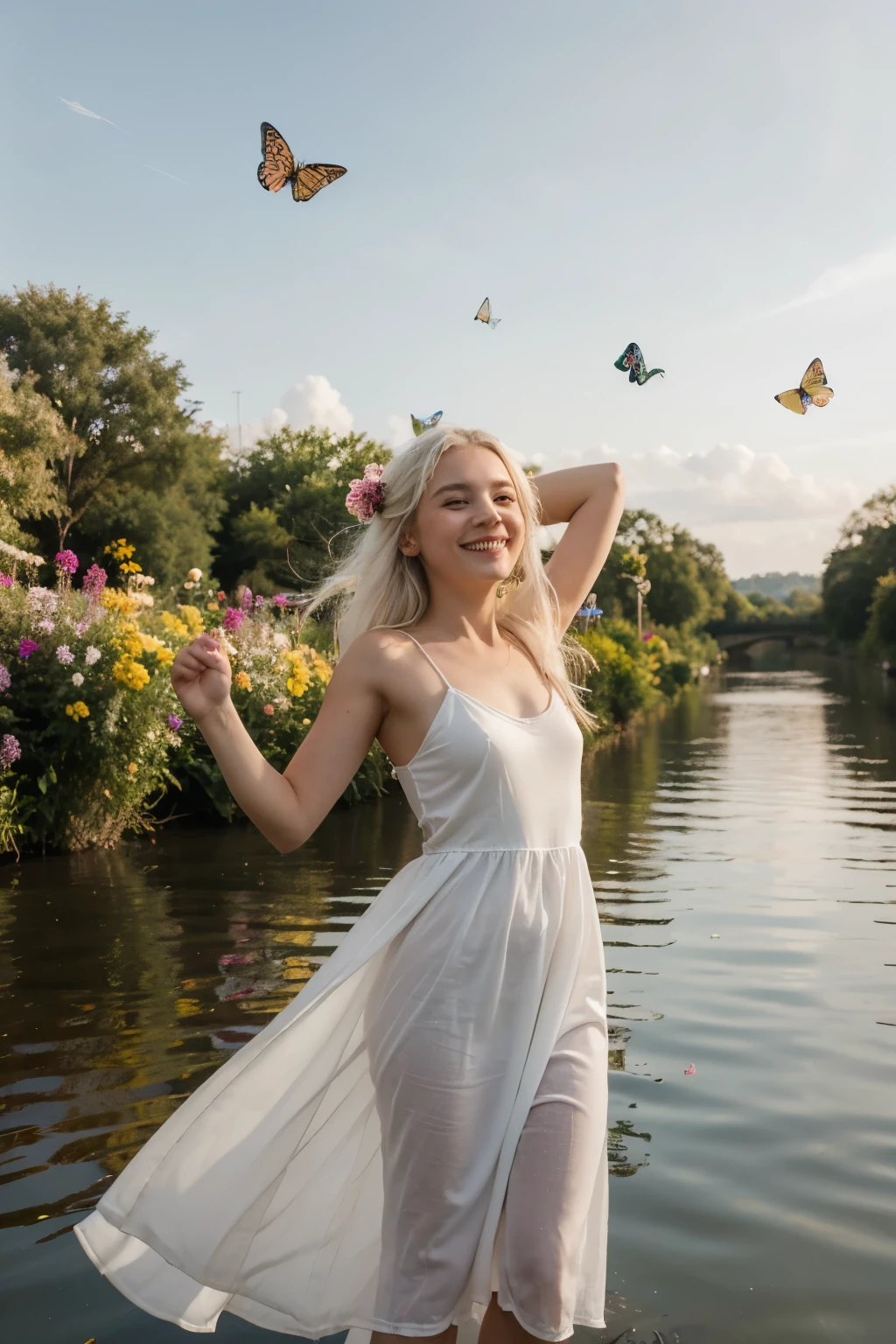 a little girl with white hair and white long dress lost in too many colorful flowers smiling and there are also too many colorful butterflies flying around her under golden sky there is also a river and a green tree
