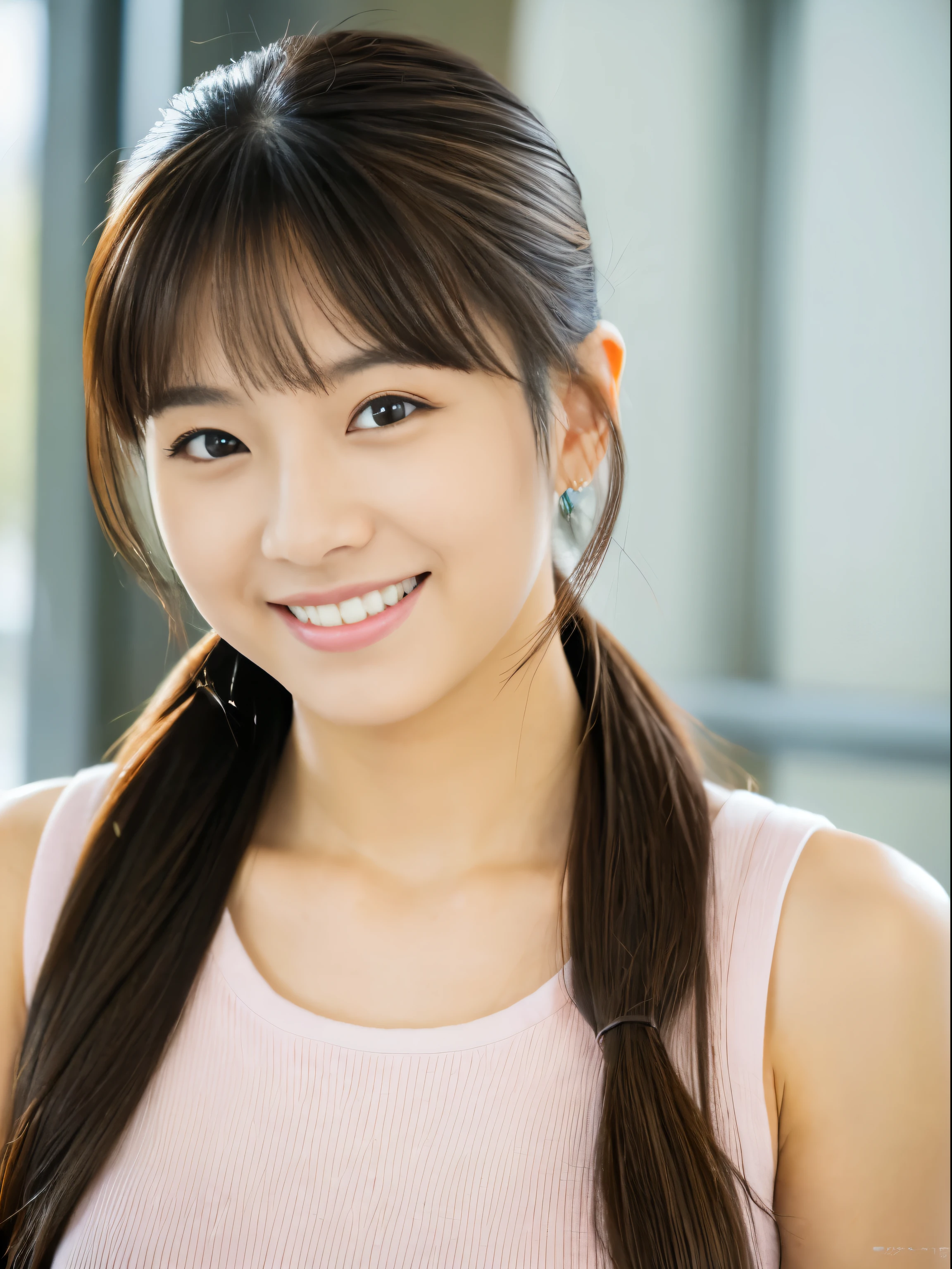 Sleeveless, Ponytail, Japan girls, 8K, Photo of the law, of the highest quality, masutepiece, Realistic, Photorealistic super detail, One girl, Cute, Best Smile, Beautiful eyes, Long hair, Perfect facial features,