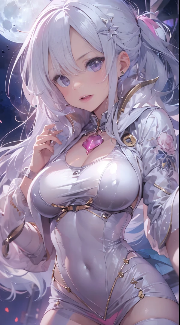 One lady,14years,((White hair) ,((())), ((Normal breasts)), (())(()),(Shiny pink bodysuit with microskirt))),,((Fantasy,Moon Night))(())