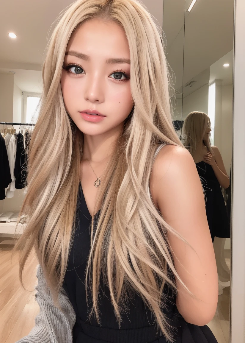 masterpiece、top-quality、highers、asian human、(Brown race)、Black skin、blonde hair、1girl in、nffsw,Casual dress