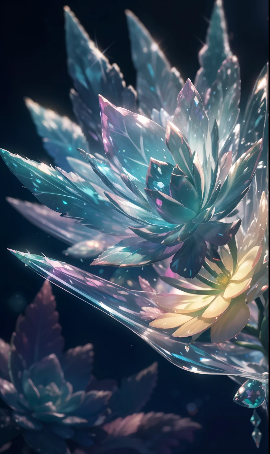 Crystal fantasy, Succulents, fern, transparent,neon,Full-color, toe-up, countless crystal feathers flutter in the air,
fantasy, galaxy, transparent, shallow depth of field, jade bokeh, sparkling, sparkling, stunning, colourful,
Magical Photography, Dramatic Lighting, photo realism, Ultra Detail, 4K, DOF, High Resolution