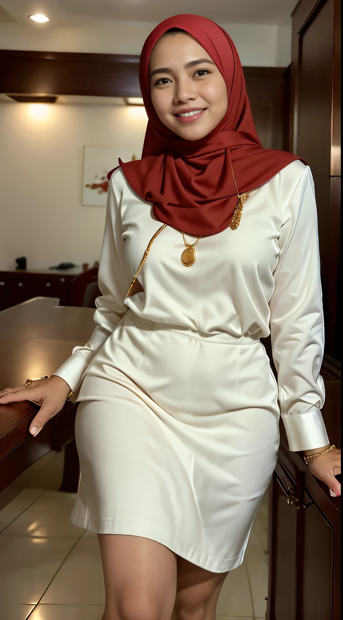 Malay girl long red hijab , wear sexy white office outfit, suits, smiling, wear big gold necklace chain, front view, windy, detail skin, age spot, detail skin texture, mole below eyes, wide hips, thick thighs, beautiful body, morning, laughing, happy, bright lighting, people in background, nighttime, blur background, bokeh, location: kuala lumpur city street