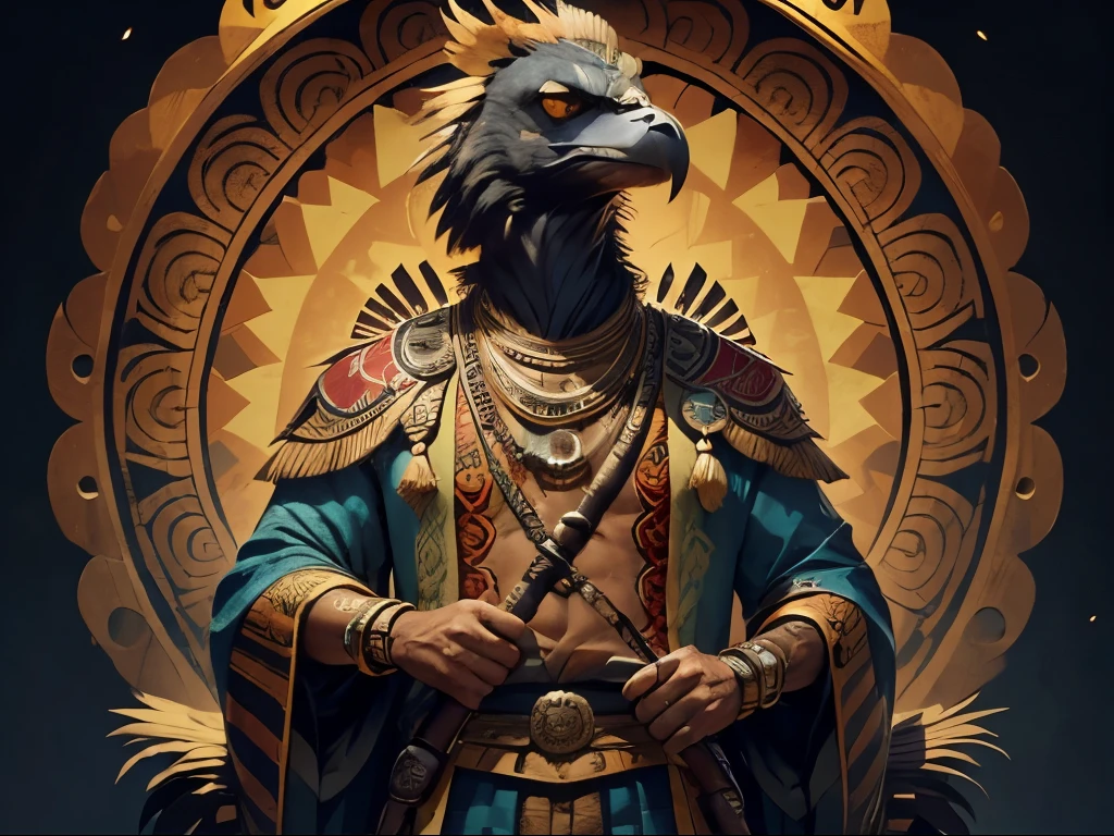 (Best quality at best)，Vulture holding a cane，Toba，Wearing Aztec style clothes，The king