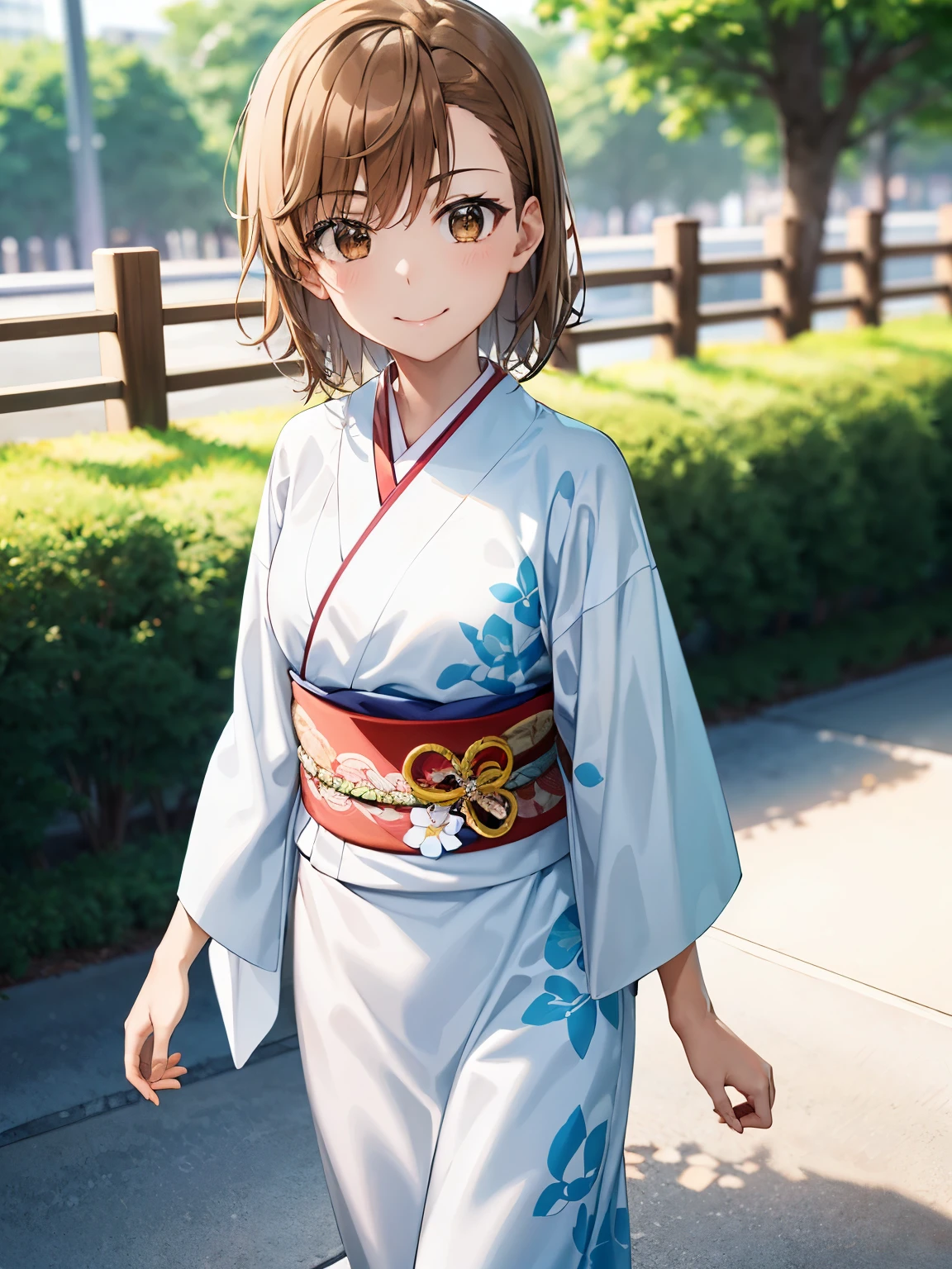 masterpiece、top-quality、ighly detailed、独奏、Three-dimensional feeling、realisitic、mikoto、Outside、a park、realisitic,1girl in、Beautiful flowers々満開のa park、A smile、A delightful! Taisho period in Japan、White color kimono、Hakama、standing on top of grassy saka_mikoto,absolute reference to center、A girl with a cute smile no matter who sees her
