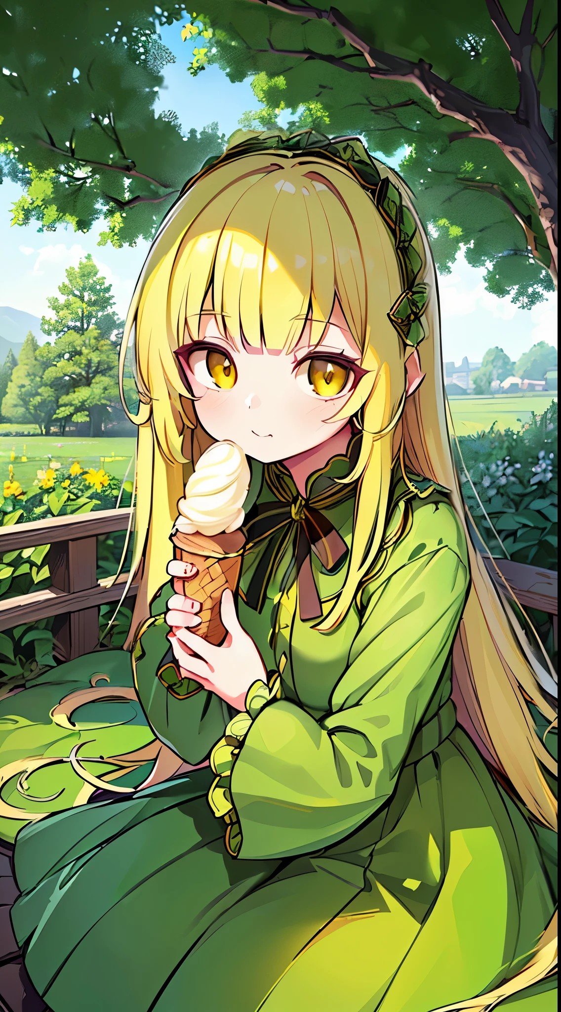 (1 girl, long yellow hair, wide green dress, beautiful yellow eyes),( in a garden, sitting on a large branch at the top of a tree, eating ice cream), (highly detailed CG, unit, 8K backgrounds), (highest quality, high resolution, beautiful lighting, shadow Realistic, high resolution, (detailed skin, highly detailed, detailed faces and eyes, realistic eyes)