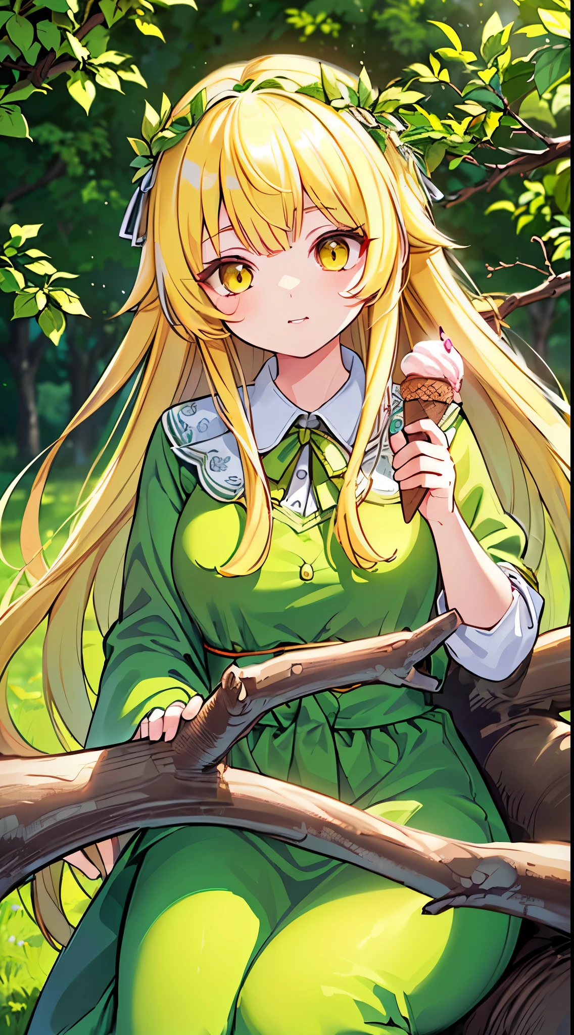 (1 girl, long yellow hair, wide green dress, beautiful yellow eyes),( in a garden, sitting on a large branch at the top of a tree, eating ice cream), (highly detailed CG, unit, 8K backgrounds), (highest quality, high resolution, beautiful lighting, shadow Realistic, high resolution, (detailed skin, highly detailed, detailed faces and eyes, realistic eyes)