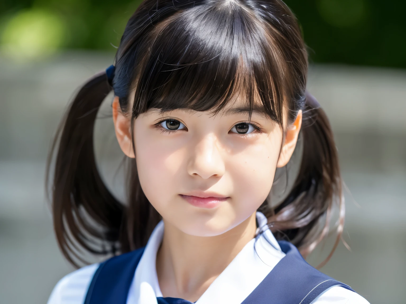 1 girl, Solo, japanaese girl, 12 years old, (Best Quality, Photorealistic, High resolution, 8K, Ultra-detailed, Detailed face, Shiny skin), Japan school uniform, Collared shirt, White shirt, Ribbon tie, Black hair, choppy bangs, Ponytail,