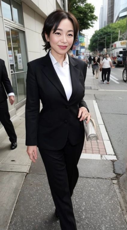 masutepiece, Best Quality, Photorealsitic, 4K, 日本人A MILF, (Solo), (((50 years old))), (Wrinkles at the corners of the eyes:1.5), (nasolabial folds:1.5), ((Large breasts)), (Saggy udder), A MILF, glamor, A sexy, Chromo-white skin, Wavy Longhair, Looking at Viewer, (((my skin is old))), ((muscles are old)), Super large udder, Black business suit, high-heels, ssmile, Public places,