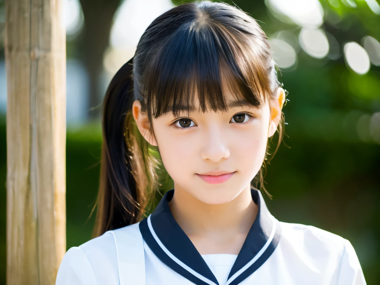 1 girl, Solo, japanaese girl, 12 years old, (Best Quality, Photorealistic, High resolution, 8K, Ultra-detailed, Detailed face, Shiny skin), Japan school uniform, Collared shirt, White shirt, Ribbon tie, Black hair, choppy bangs, Ponytail,