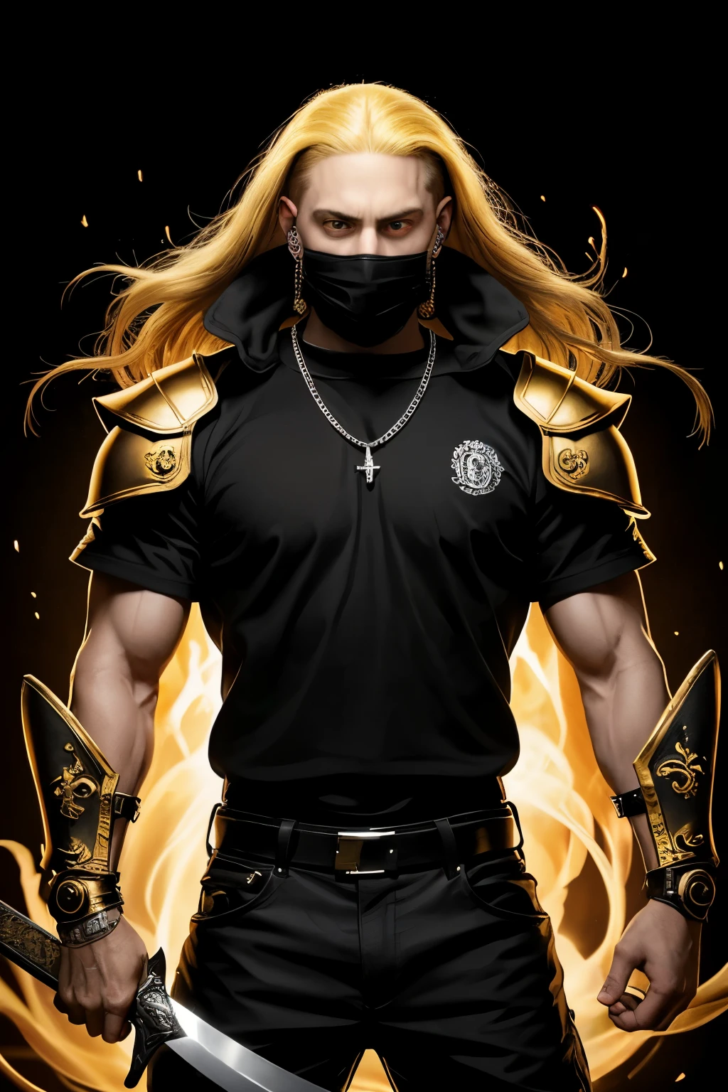 Eminem, in all his glory, as an ancient god of darkness, clad in a resplendent golden outfit. His muscular form is adorned with intricate golden armor that fits him snugly, accentuating his defined physique. His face, once recognizable as the famous rapper, is now masked by a sinister golden visor, emanating an aura of power and nce. His long, wild hair flows freely behind him, each strand shining with a fiercen radiance. The backdrop of the portrait is a pitch-black void, filled with an ominous energy that seems to emanate from Eminem himself. Golden accents and intricate designs cover every inch of the frame, making it clear that this is no ordinary portrait. Eminem's left hand rests confidently on his hip, while his right hand holds a sword that appears to be forged from the same precious metal as his armor. The blade glints menacingly in the non-existent light, ready to strike down any who dare challenge his divine authority. In this image, Eminem has truly transformed into the god of darkness he was always meant to be.