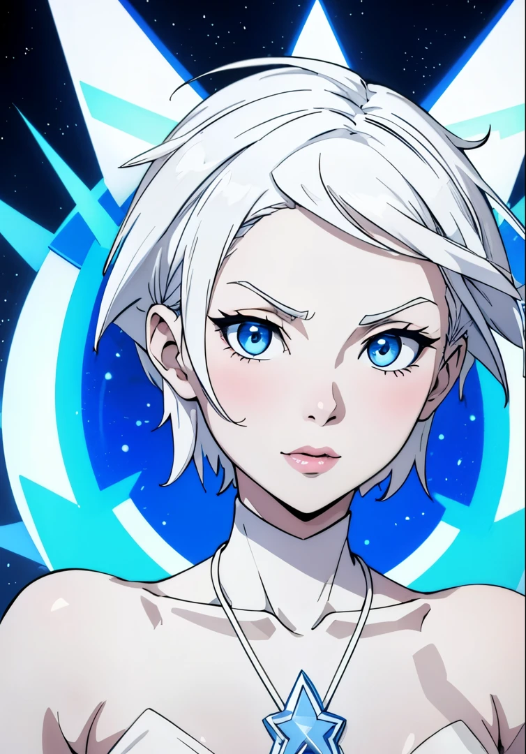cute girl,Short white hair, blue eyes, white skin, She wears a necklace with a six-pointed star ,🇮🇱,