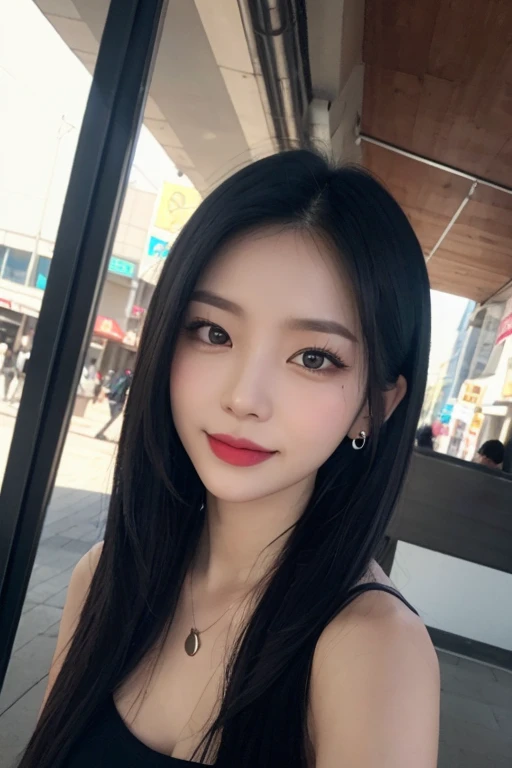 Black hair, hair bobbles, longeyelashes, Solid Circle Eyes, lightsmile, Mole under the eyes, Heart Earrings, lightsmile, Shy, puckered lips, surrealism, drop shadow, stereograms, POV, Atmospheric perspective, depth of fields, One-person viewpoint, F/1.8, 8K, Super Detail, ccurate, Best Quality, hight resolution, Best Quality,breasts whole body