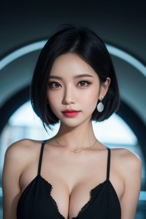 Black hair, hair bobbles, longeyelashes, Solid Circle Eyes, lightsmile, Mole under the eyes, Heart Earrings, lightsmile, Shy, puckered lips, surrealism, drop shadow, stereograms, POV, Atmospheric perspective, depth of fields, One-person viewpoint, F/1.8, 8K, Super Detail, ccurate, Best Quality, hight resolution, Best Quality,breasts whole body