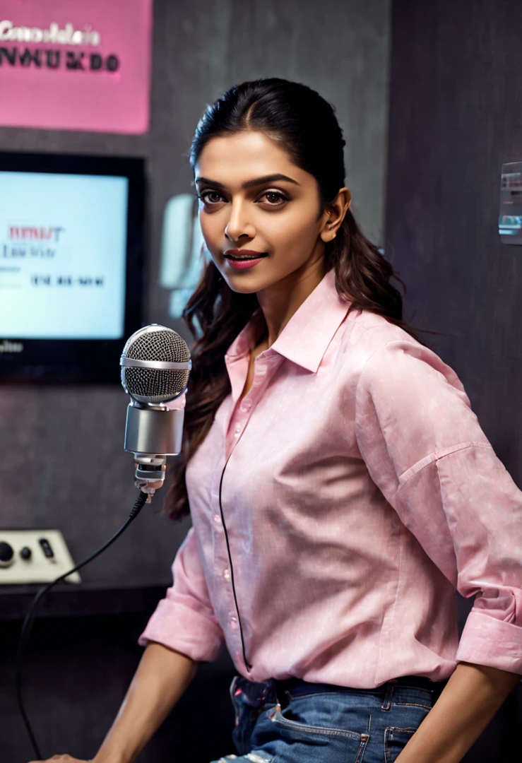 super real photos of deepika padukone, she is broadcasting radio in a radio studio with casual shirt. Full body, studio quality, canon 5D, realistic skin texture. The background of the wall has the words "Nitnut Radio" in cool font and a pink LED light effect.
