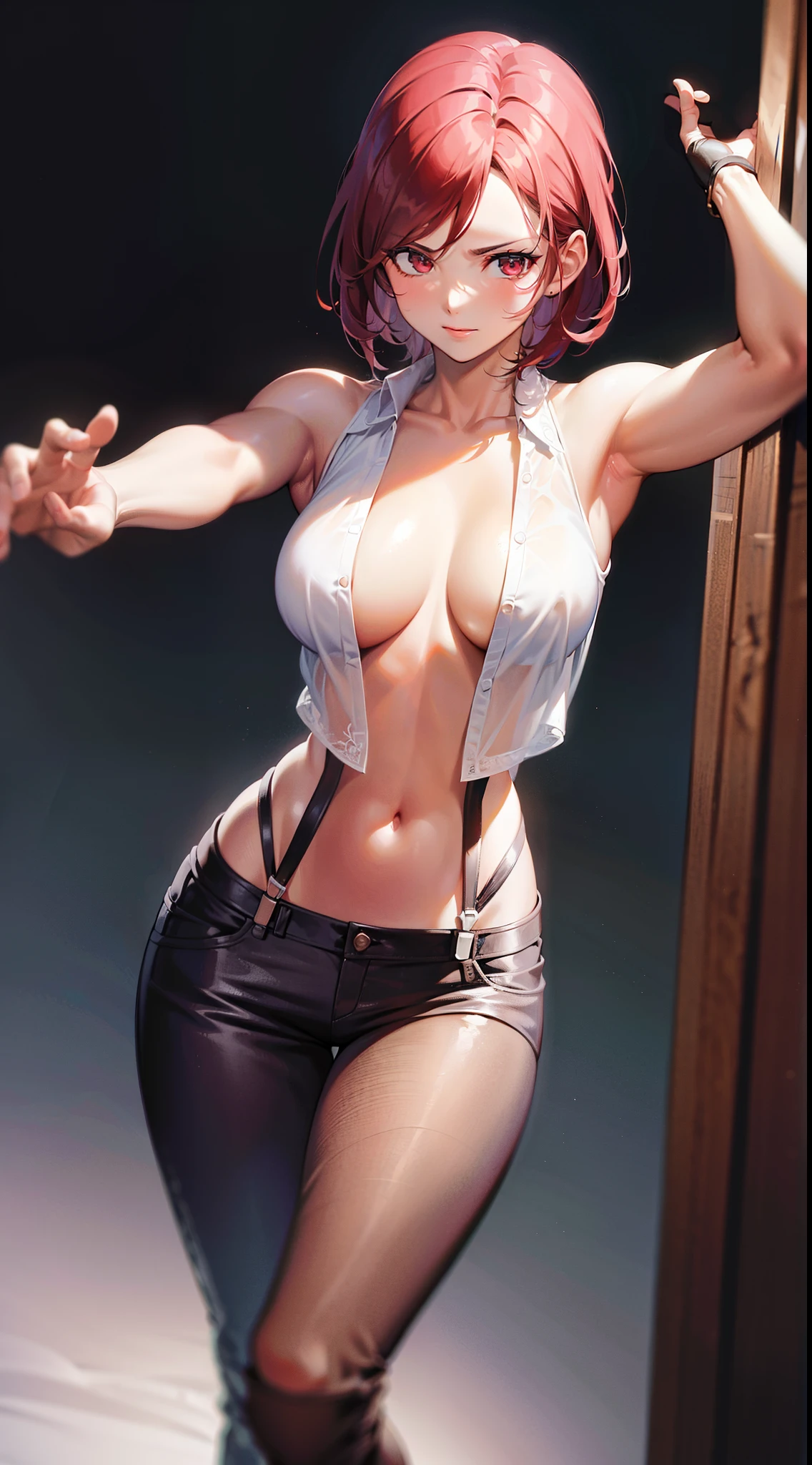 ((Obra maestra: 1.1)), (Calidad 8K)), 1girl, (Vanessa), naked breasts outside from shirt, sleeveless shirt, black jeans, detailed face, (kof character), 3/4 point of view bedroom_background