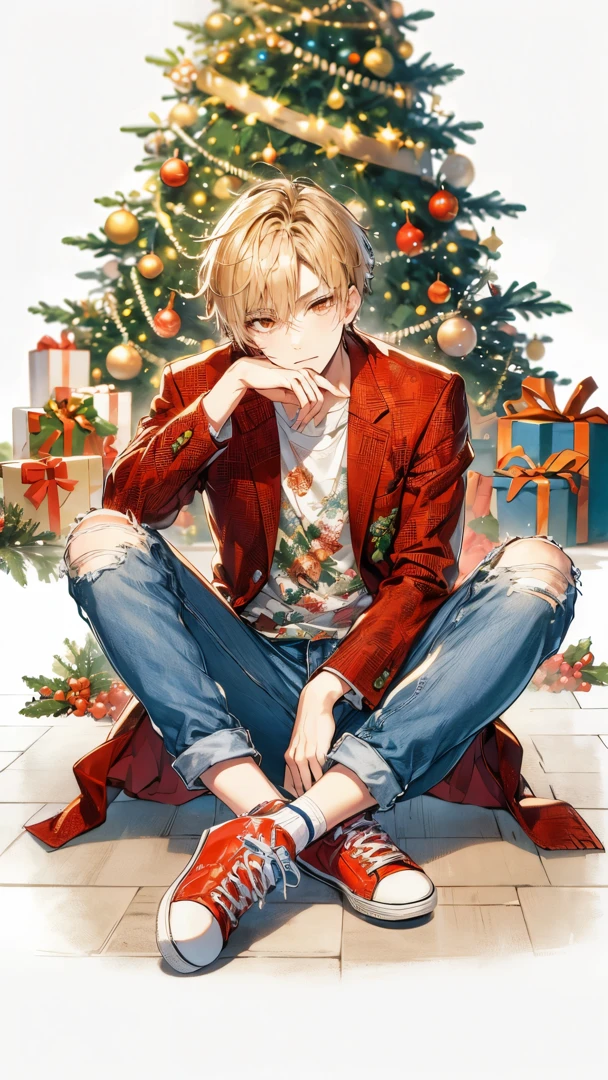 Blond young man, orange eyes, red blazer, floral shirt, blue jeans, red high-top sneakers, sitting on wooden floor, hand resting on cheek, looking pensive, Christmas tree with decorations, gifts, warm festive atmosphere.