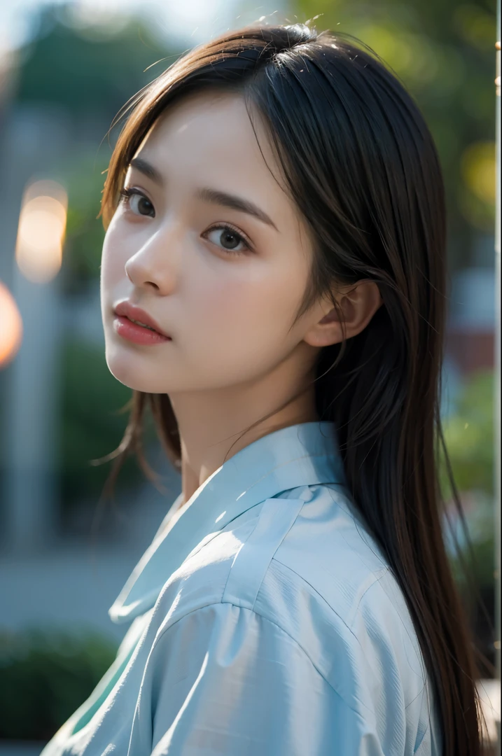 Upper body、avert your eyes、young beautiful japanese woman, gentle features、super cute face、glossy lips、double eyelids in both eyes、natural makeup, smile, long eyelashes are bright, Medium Hair Tweeny Smooth Light Brown Hair、hair swaying in the wind, asymmetrical bangs、center image、8K、high detail、detailed hairstyle、detailed face、great movie lighting、octane rendering、vibrant、surreal、perfect limbs、perfect anatomy, beautiful proportions, blouse,