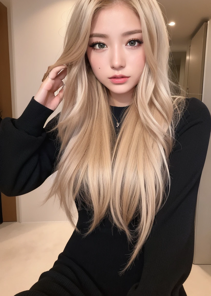 masterpiece、top-quality、超A high resolution、(photo realistic1.4)highers、asian human、(Brown race)、Black skin、blonde hair、1girl in、nffsw,Casual dress