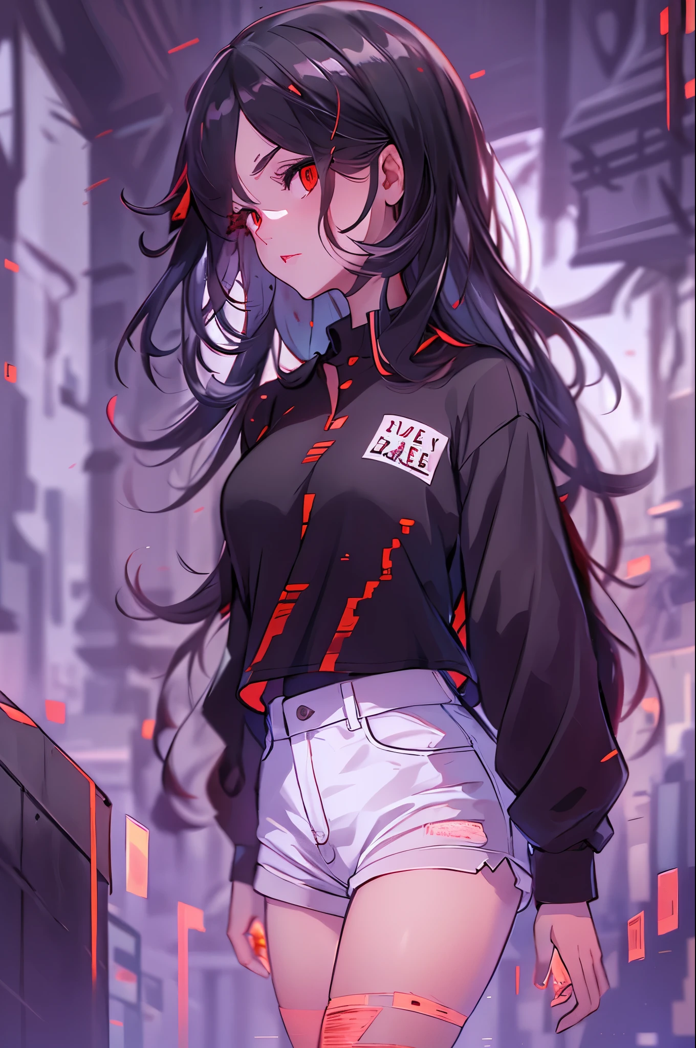 Highly detailed, High Quality, Masterpiece, beautiful, GlitchingBodyPart, solo, 1girl, red eyes, black hair, long hair, shirt, white shirt, shorts, short shorts, black shorts