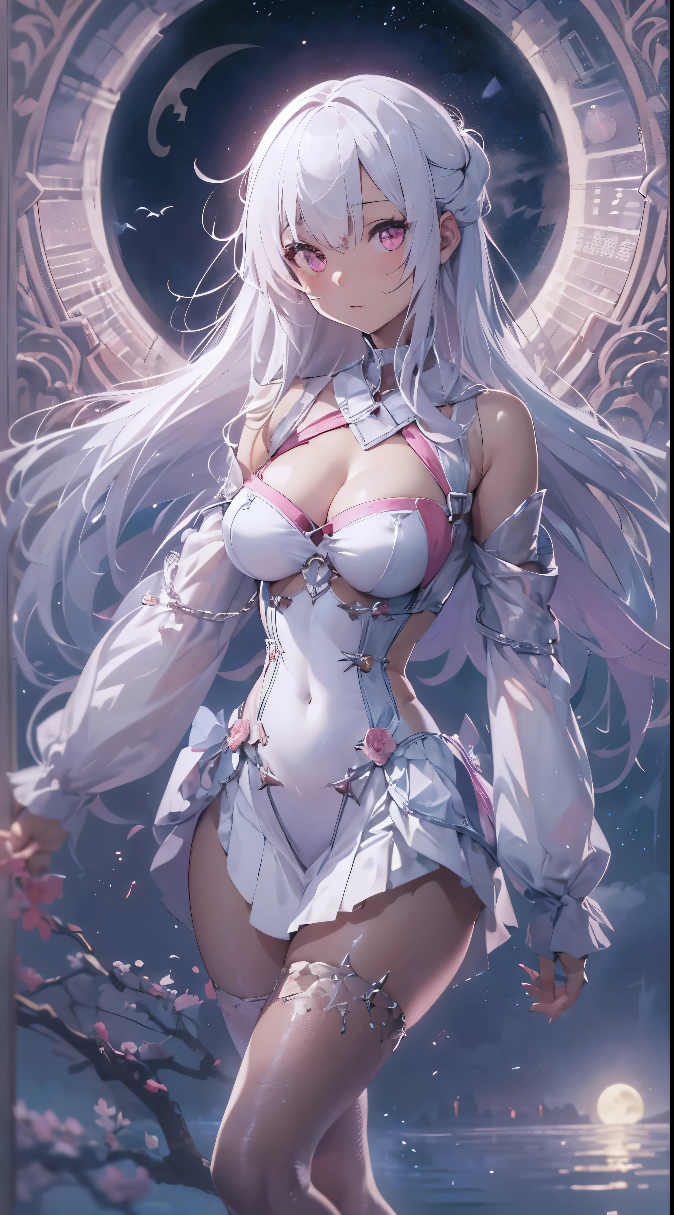 One lady,ars,((White hair) ,((())), ((Normal breasts)), (())(()),(Shiny pink bodysuit and microskirt))),,((Fantasy,Moon Night))(())