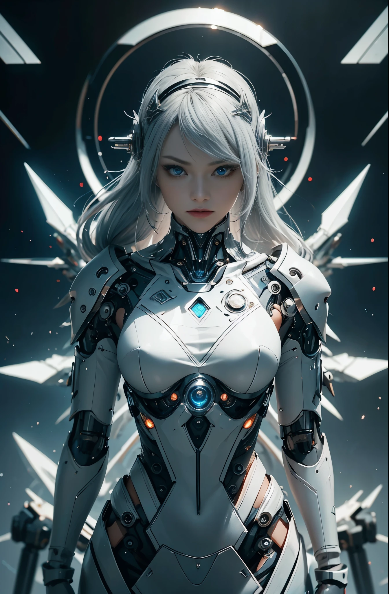 there is a woman in a futuristic suit with a sword, 美少Female Cyborg, Cyborg Womanの子, perfect anime Cyborg Woman, Cyborg - Girl, 美しい白人の少Female Cyborg, beautiful cyborg priestess, Cyborg Woman, beautiful alluring Female Cyborg, cyberpunk robotic elvish queen, Cyborg - Girl with silver hair, beautiful Female Cyborg, beautiful Cyborg Womanの子, Female Cyborg, Goddess. extremely high detail, portrait of cyborg queen, extremely detailed goddess shot, Half body machine, Inorganic, Next generation high performance cyborg, Goddess of Machines, The perfect cyborg, ultimate replicant, A masterpiece created by ultra-high performance AI, Final weapon, Best Quality, Perfect Angle, perfect-composition, sharp outline, Best Shots, perfect shapes, perfect model style, Very beautiful and detailed eyes, Hollow eyes, blue eyes without pupils