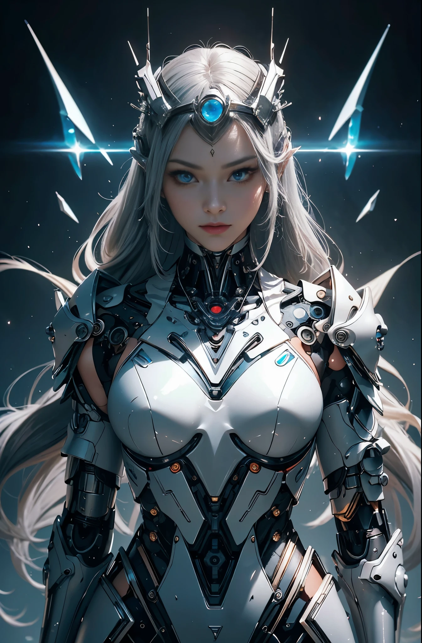 there is a woman in a futuristic suit with a sword, 美少Female Cyborg, Cyborg Womanの子, perfect anime Cyborg Woman, Cyborg - Girl, 美しい白人の少Female Cyborg, beautiful cyborg priestess, Cyborg Woman, beautiful alluring Female Cyborg, cyberpunk robotic elvish queen, Cyborg - Girl with silver hair, beautiful Female Cyborg, beautiful Cyborg Womanの子, Female Cyborg, Goddess. extremely high detail, portrait of cyborg queen, extremely detailed goddess shot, Half body machine, Inorganic, Next generation high performance cyborg, Goddess of Machines, The perfect cyborg, ultimate replicant, A masterpiece created by ultra-high performance AI, Final weapon, Best Quality, Perfect Angle, perfect-composition, sharp outline, Best Shots, perfect shapes, perfect model style, Very beautiful and detailed eyes, Hollow eyes, blue eyes without pupils