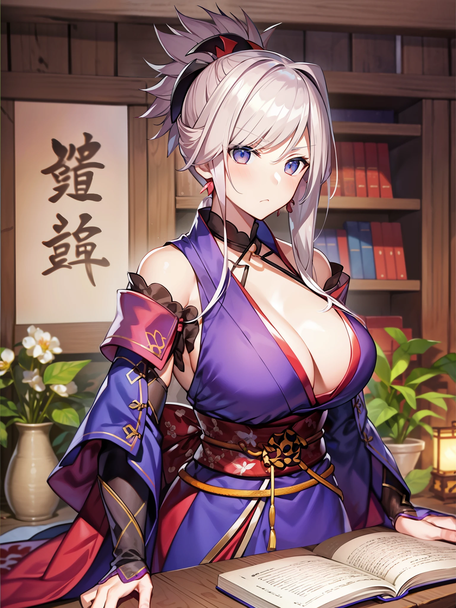 Masterpiece、top-quality、detaileds、Colossal breasts mature woman、jpn、2 knife flow、Ganryu Island、white  hair、Musashi Miyamoto（Musashi Miyamoto）ha、A swordsman in the early Edo period、A tactician who served a feudal lord、artist。Founder of Niten Ichiru tactics using two swords。京都の兵法家・吉岡一門との戦いやGanryu Islandでの佐々His duel with Ki Kojiro is famous.。 後世にha、Theater, novels, manga, movies, anime, etc.々Became the subject of a video work、現代でha「Kengo」またha「Kensei」is called[2]。Especially novels by Eiji Yoshikawa『miyamoto musashi』is famous, but、There are many creations that differ from historical facts.。 Own books translated and published in foreign languages『Book of Five Rings』にha十三歳から二十九歳までの六十余度の勝負に無敗と記載[Note 1]There is a。 In the past, he also frequently made paintings, arms, and horse harnesses.、Designated as a national important cultural property『Cormorant picture』『Dry tree and songbird』『Red plum pigeon illustration』をhaじめ『Front view of Daruma』『Illustration of Rohba Daruma』『A folding screen depicting a wild goose』『Wild horse illustration』Ink paintings and saddles such as、Crafts such as wooden swords are stored in museums around the country.。 島田美術館が所蔵する有名な肖像画ha作者不詳[1]But、身体を緩めている様ha『Book of Five Rings』It is in line with the secret preached by、There is also a theory that it is a self-portrait.[2]。