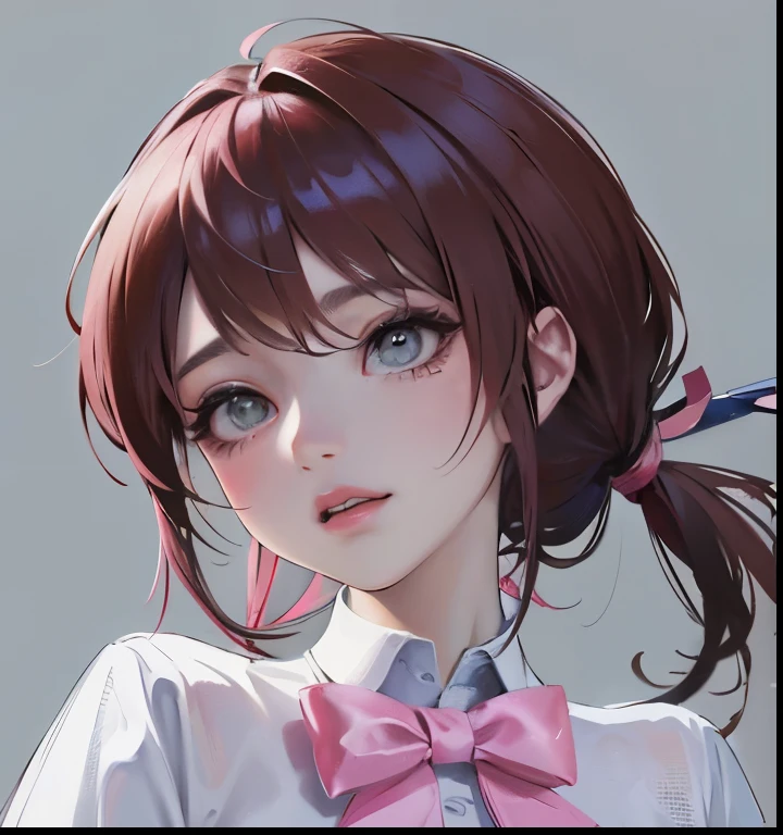 Lead the knot、anime girl in white shirt, kawaii realistic portrait, author：Anime painter studio, Anime cute art style, anime style portrait, Anime realistic style, Semi-realistic anime风格, Anime style 3D, Portrait of an anime girl, 在Anime painter studio绘制, Realistic anime art style, realistic anime 3D style, anime portrait, Semi-realistic anime，Close-up of the head，female student，side pony tail，Pink hair accessories，(tmasterpiece, A high resolution,ultra - detailed:1.0),1 girl,with short brown hair，Happy expression，she is happy，