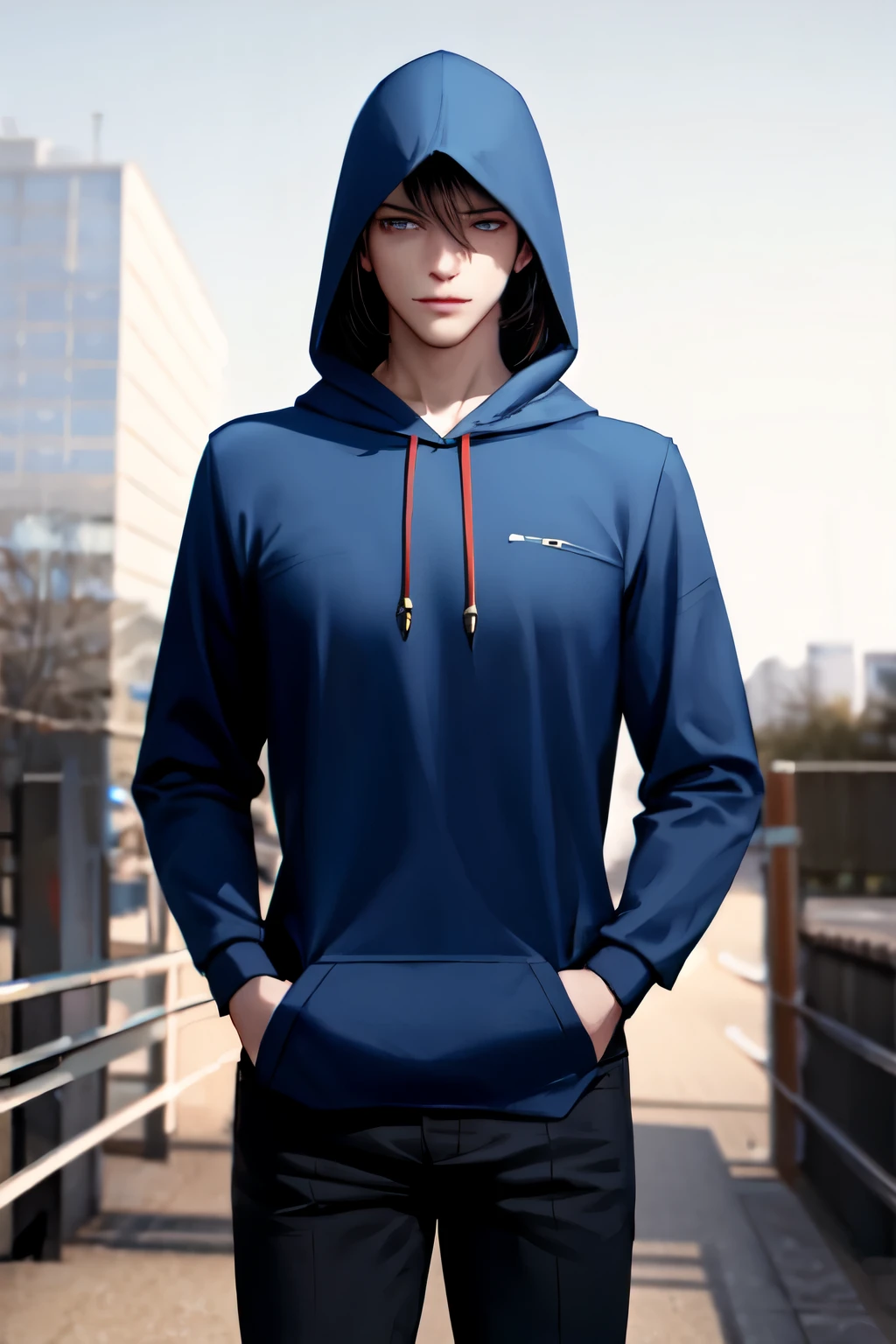 Man from the front, High quality, Realistic, ultra Realistic, Wearing a long-sleeved blue shirt with black details, Hooded, Bright blue eyes, Effectiveness, nffsw
