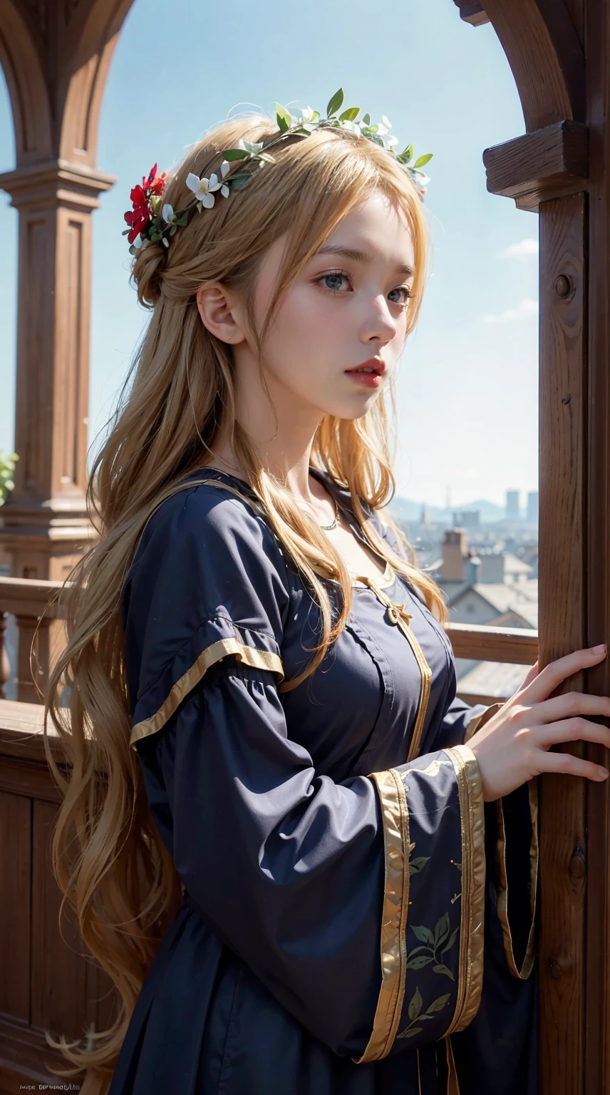 The ultra-Highres, Best Quality, a photo of, 4k, (realisitic:1.4), girl with a wreath on her head, with long blond hair