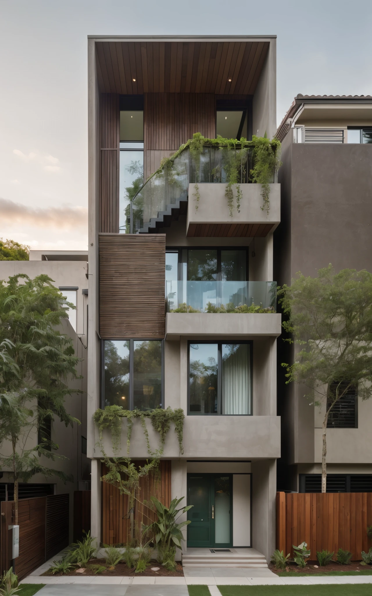 A modern street-facing house seamlessly integrates natural elements into its design, The architecture embodies an  oasis concept, featuring a balcony adorned with lush greenery and a front yard that blends nature with the  environment, The medium for this artwork is an architectural blueprint rendered in high-definition 3D graphics, emphasizing every detail of the design, The color scheme mainly consists of earthy tones and various shades of green, enhancing the connection to nature, RAW photo, subject, 8k uhd, dslr, (soft lighting), high quality, film grain, Fujifilm XT3, (realistic), warm light in the interior, (exterior design), sunset in the sky, (gray wall)