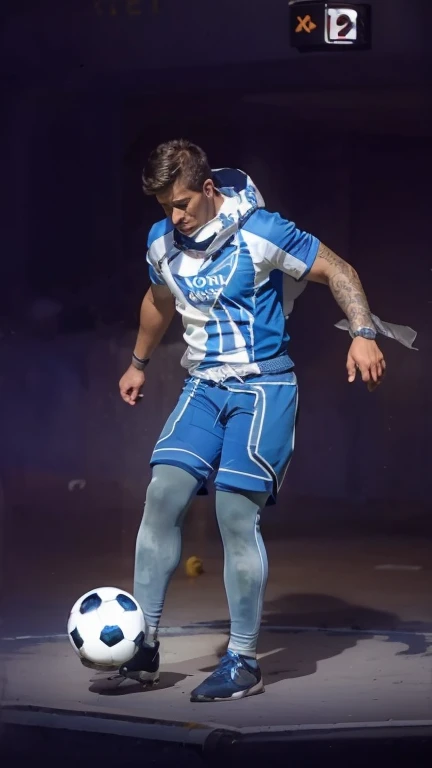 a man playing football in a blue and white shirt and blue and white pants with a clear face