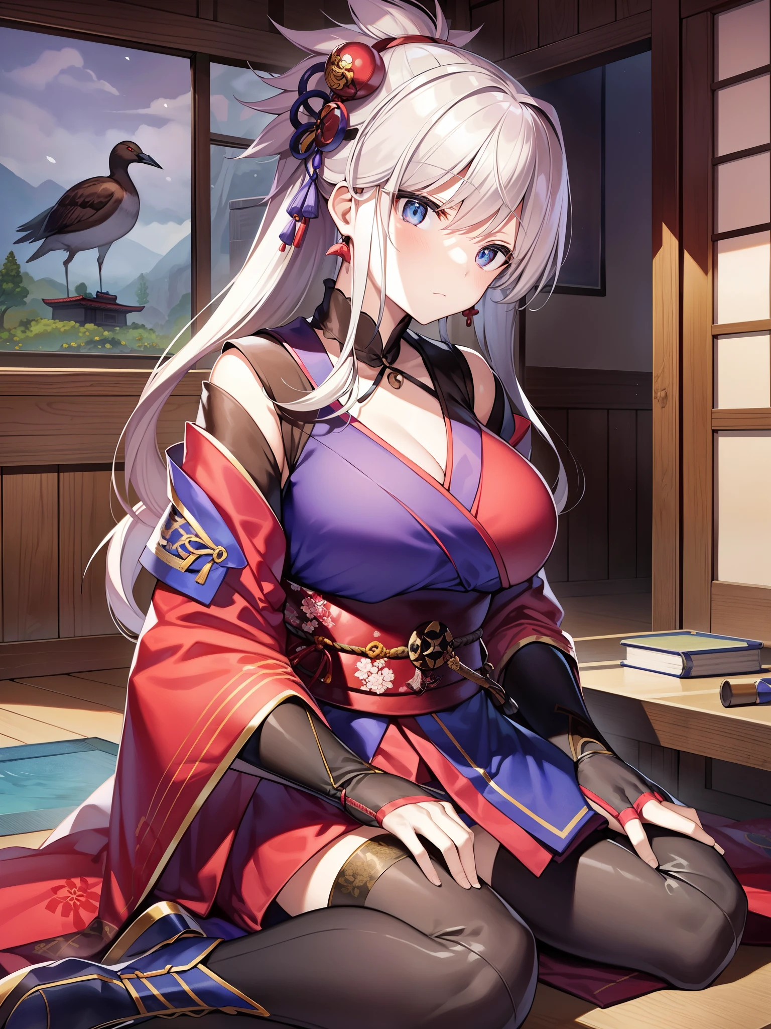 Masterpiece、top-quality、detaileds、Colossal breasts married woman、jpn、2 knife flow、Ganryu Island、white  hair、Musashi Miyamoto（Musashi Miyamoto）ha、A swordsman in the early Edo period、A tactician who served a feudal lord、artist。Founder of Niten Ichiru tactics using two swords。京都の兵法家・吉岡一門との戦いやGanryu Islandでの佐々His duel with Ki Kojiro is famous.。 後世にha、Theater, novels, manga, movies, anime, etc.々Became the subject of a video work、現代でha「Kengo」またha「Kensei」is called[2]。Especially novels by Eiji Yoshikawa『miyamoto musashi』is famous, but、There are many creations that differ from historical facts.。 Own books translated and published in foreign languages『Book of Five Rings』にha十三歳から二十九歳までの六十余度の勝負に無敗と記載[Note 1]There is a。 In the past, he also frequently made paintings, arms, and horse harnesses.、Designated as a national important cultural property『Cormorant picture』『Dry tree and songbird』『Red plum pigeon illustration』をhaじめ『Front view of Daruma』『Illustration of Rohba Daruma』『A folding screen depicting a wild goose』『Wild horse illustration』Ink paintings and saddles such as、Crafts such as wooden swords are stored in museums around the country.。 島田美術館が所蔵する有名な肖像画ha作者不詳[1]But、身体を緩めている様ha『Book of Five Rings』It is in line with the secret preached by、There is also a theory that it is a self-portrait.[2]。