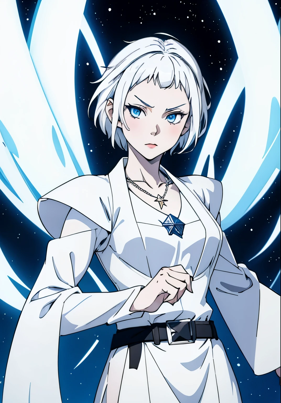 cute girl,Short white hair, blue eyes, white skin, She wears a necklace with a six-pointed star,White clothes ,black belt ,🇮🇱,