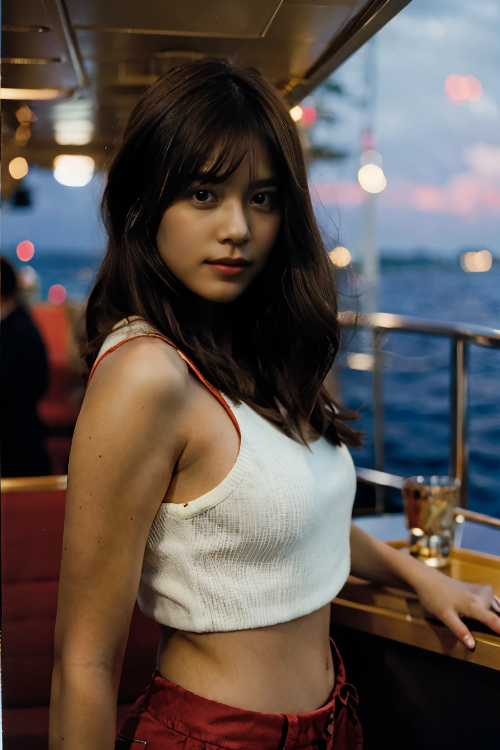 Half body portrait of a brunette woman on a yacht. Shot on kodak gold 400, orange hair, background in a club.