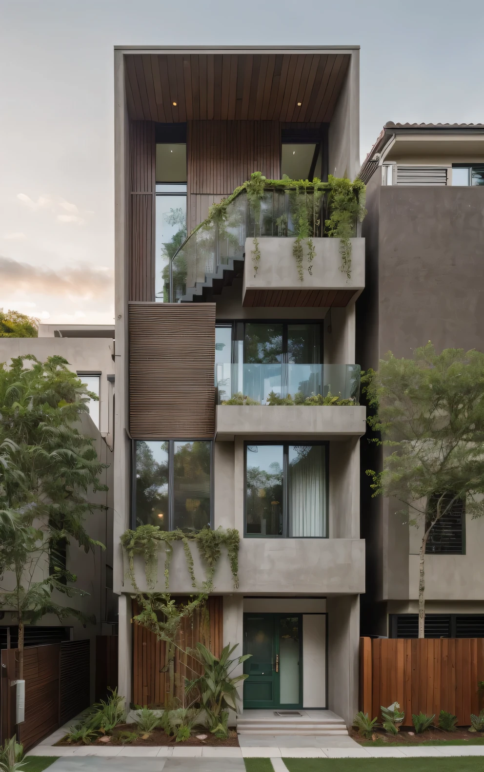 A modern street-facing house seamlessly integrates natural elements into its design, The architecture embodies an  oasis concept, featuring a balcony adorned with lush greenery and a front yard that blends nature with the  environment, The medium for this artwork is an architectural blueprint rendered in high-definition 3D graphics, emphasizing every detail of the design, The color scheme mainly consists of earthy tones and various shades of green, enhancing the connection to nature, RAW photo, subject, 8k uhd, dslr, (soft lighting), high quality, film grain, Fujifilm XT3, (realistic), warm light in the interior, (exterior design), sunset in the sky, (gray wall)