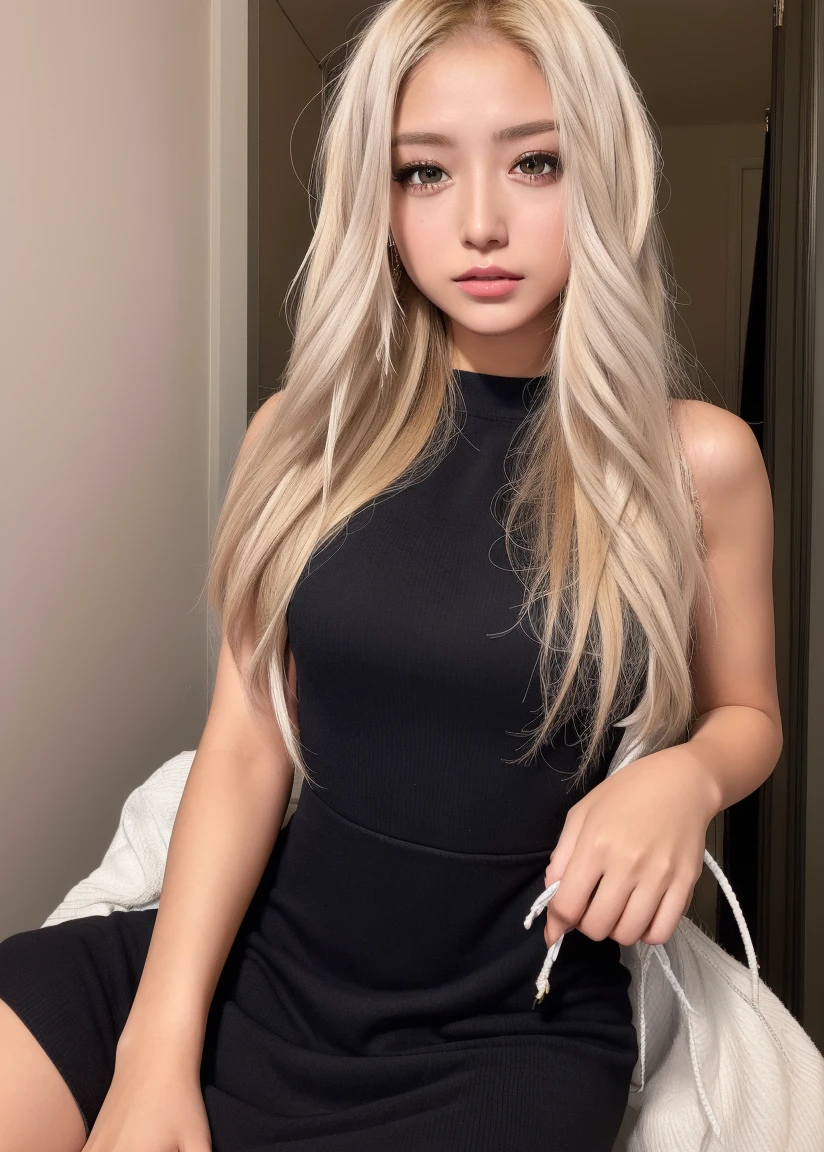 ​masterpiece、top-quality、超A high resolution、（photo realistic1.4）highers、asian human、(Brown race)、Black skin、blonde  hair、1girl in、nffsw,Casual dress、tokyo