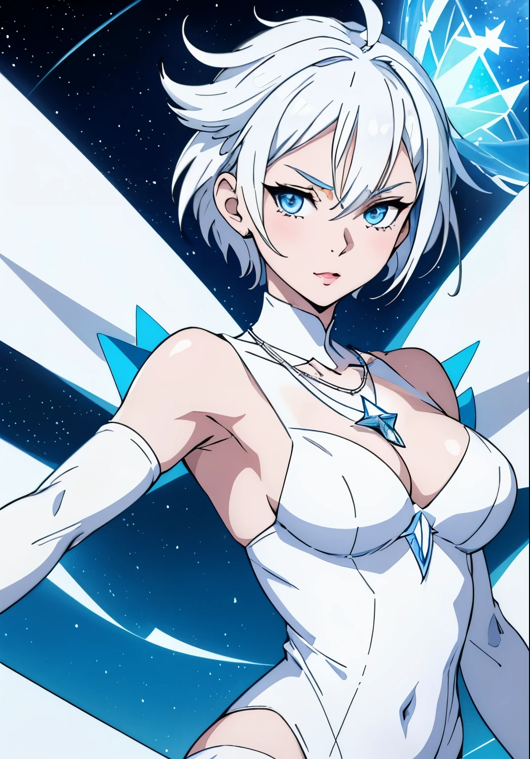 cute girl,Short white hair, blue eyes, white skin, She wears a necklace with a six-pointed star,White clothes ,Six-pointed star,🇮🇱,
