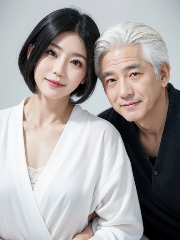 Japan couples、Age difference couple、Man in his 50s、white hair、The woman is in her 20s、Young and cute、Beautiful long black hair、2Heavy eyelids、The background is Okinawa, Japan.、Smile、Full body like、natural soft light、high-level image quality。