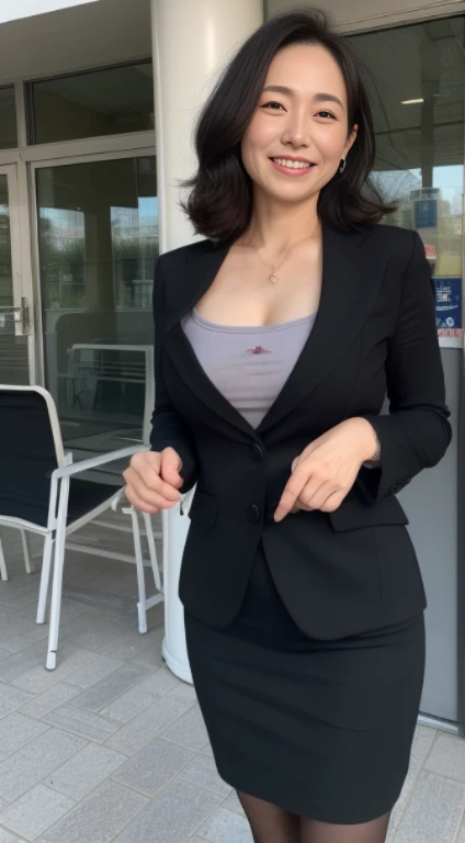 masutepiece, Best Quality, Photorealsitic, 4K, 日本人A MILF, (Solo), (((50 years old))), (Wrinkles at the corners of the eyes:1.5), (nasolabial folds:1.5), ((Large breasts)), (Saggy udder), A MILF, glamor, A sexy, Chromo-white skin, Wavy Longhair, Looking at Viewer, (((my skin is old))), ((muscles are old)), Super large udder, Black business suit, Black stockings, high-heels, ssmile, Public places,