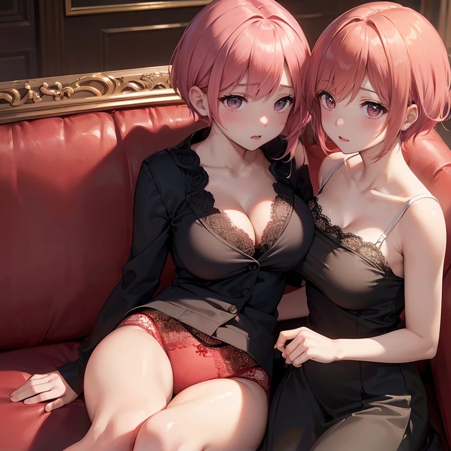 (top-quality,High resolution,(Ultra high definition,4K), (超A high resolution,in 8K),masutepiece:1.2), (Perfect Anatomy,Anatomically accurate), (Angle from below), (Soft lighting, rendered), (cute mother and daughter), ((Sitting on a sofa in the lobby of a luxury hotel,itting open legs)), ((Girls' High School Sailor Uniform)), (Red lace panties), (fascinated expression), (Crisp double eyelids), (Large breasts:1.3), (Soft skin), (Photorealistic), (Glowing skin), (pinkhair), (Pixie Cut)